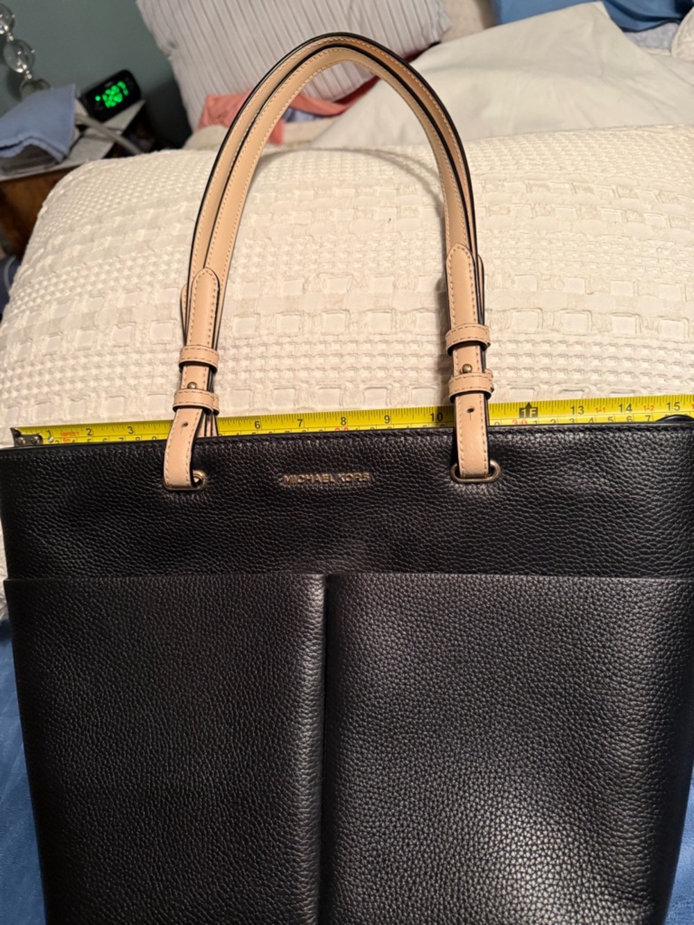 Michael Kors Black Leather Tote with Beige Handles - Picture 3 of 8